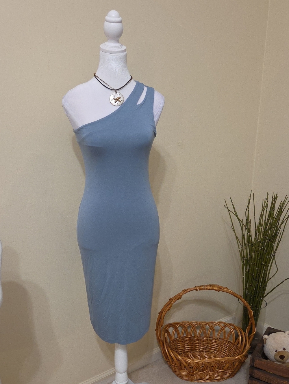Final Touch One-Shoulder Dusty Blue Bodycon Dress